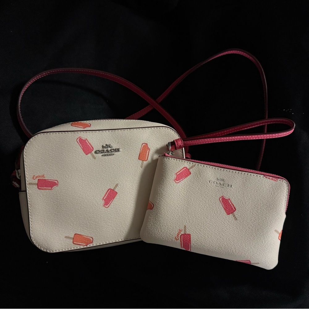 Coach Cream and Pink Popsicle Print purse and wallet